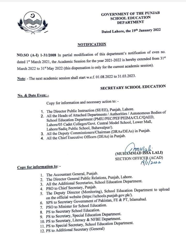 Punjab academic session 2022